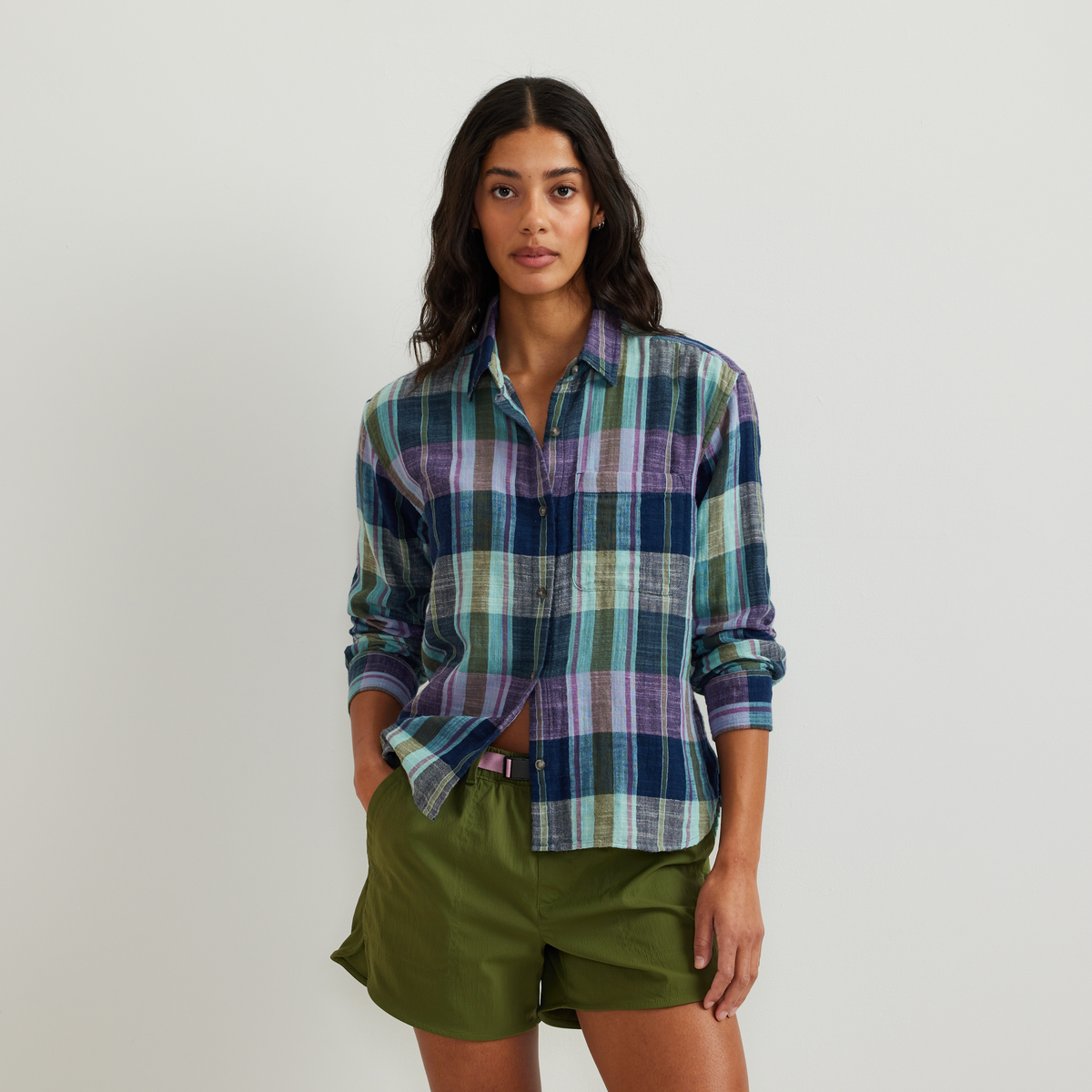 Women's Cotton Slub Plaid Long-Sleeve Shirt