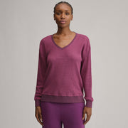 Women's Long-Sleeve V-Neck Boyfriend Thermal Crew - Striped - Rosewood